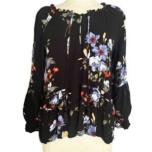 American Eagle Boho Tunic Top Sz M Tiered Ruffled Peasant Boho Black Floral HiLo